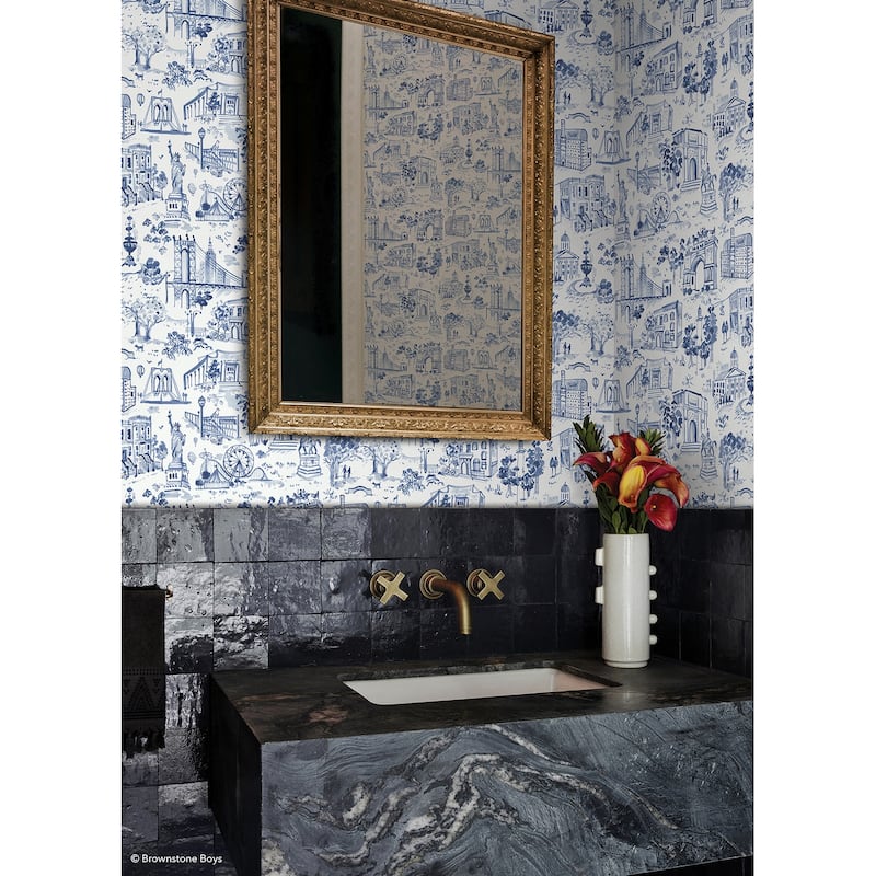 NuWallpaper Brownstone Boys Toile de New York Navy Peel and Stick Wallpaper - N/A