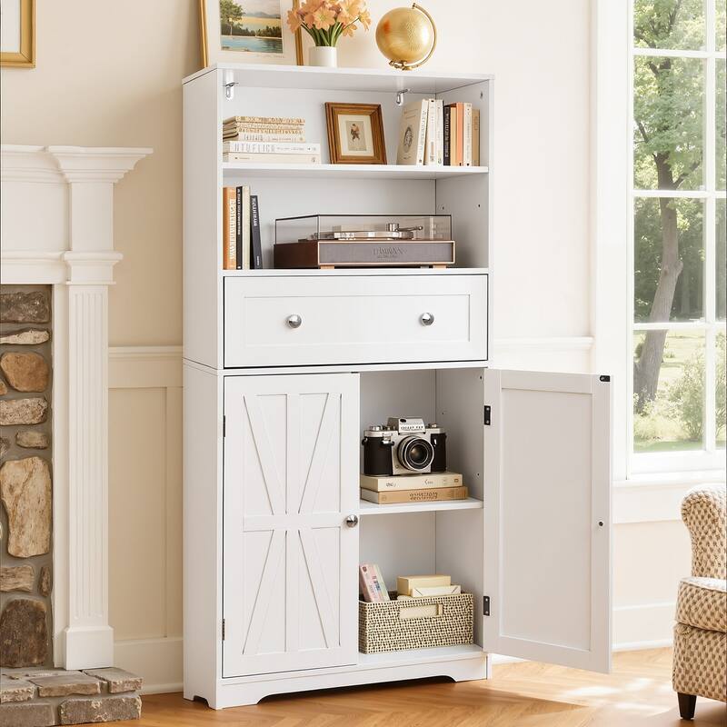 Javlergo White Adjustable Shelf Bathroom Cabinet with Drawer Tall Free Standing Bathroom Cabinet for Organization Living Room