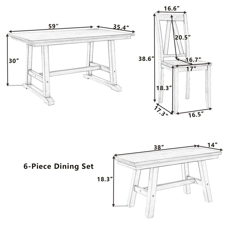 6-Piece Wood Dining Table Set Kitchen Table Set with Long Bench and 4 Dining Chairs, Farmhouse Style