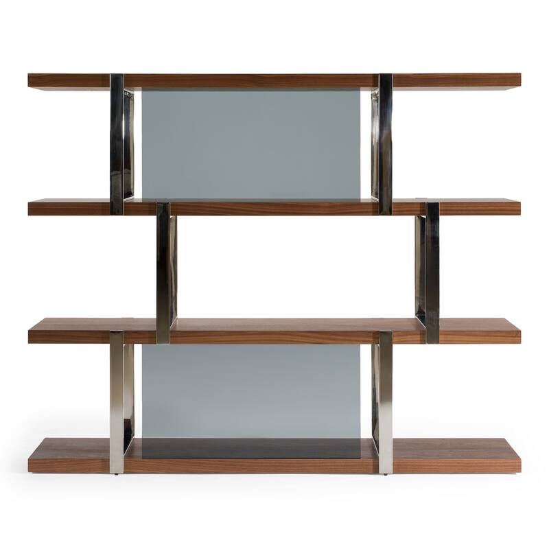 Modrest Brewer Modern Walnut Glass & Stainless Steel Bookshelf