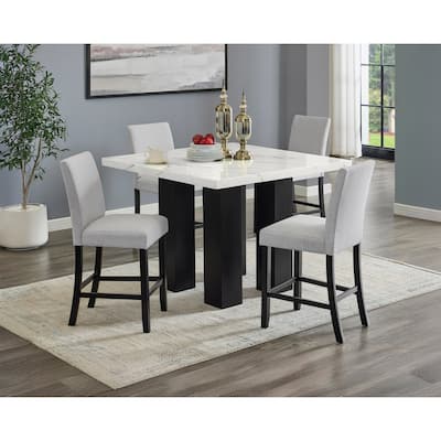 5 Pcs Counter Height Dining Table Set, Dining Room Wooden Furniture Set with Faux Marble Table Top and 4 Upholstered Chairs