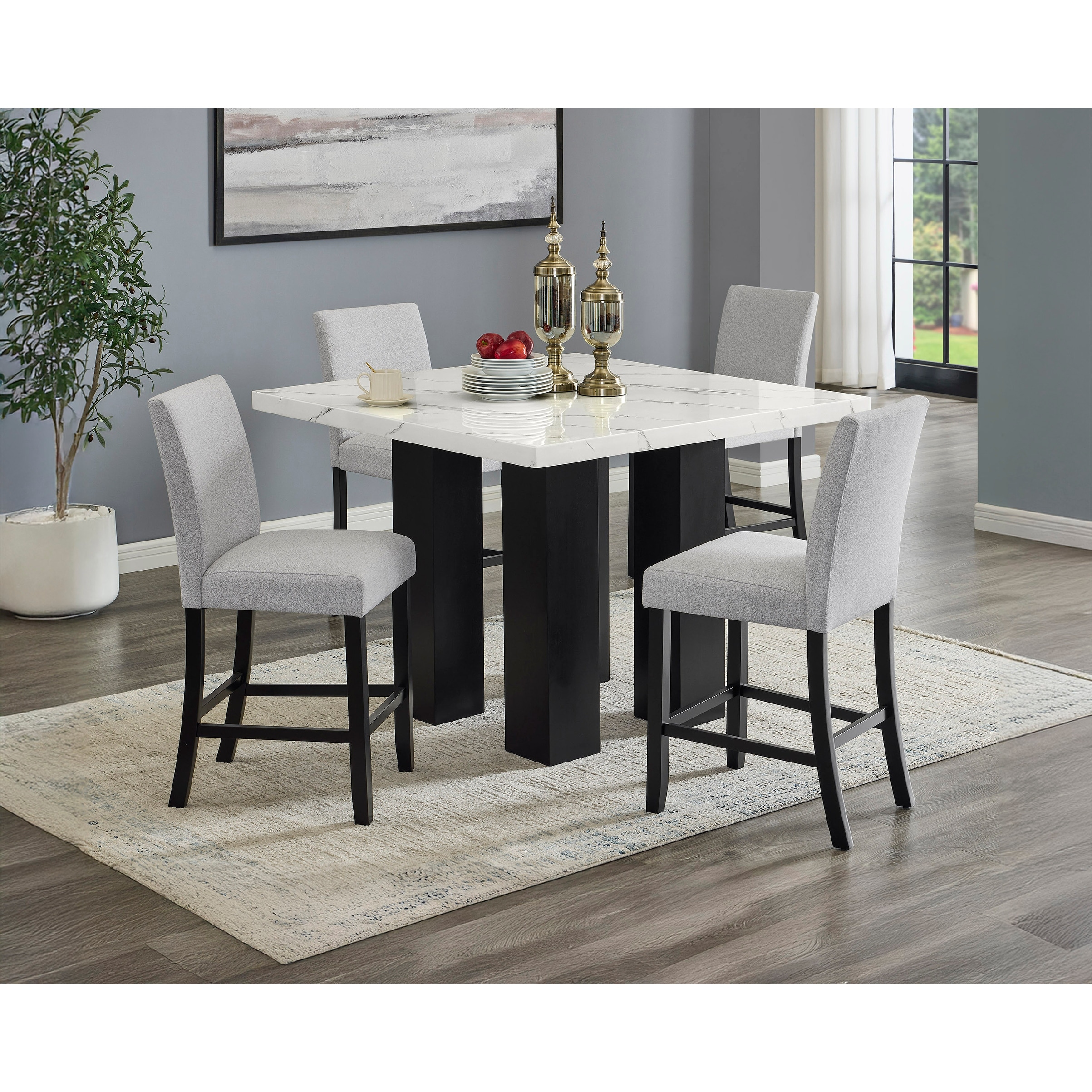 5 Pcs Counter Height Dining Table Set, Dining Room Wooden Furniture Set with Faux Marble Table Top and 4 Upholstered Chairs