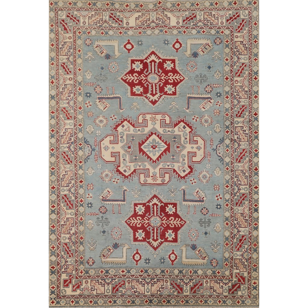 Light Blue Kazak Area Rug Handmade Traditional Wool Carpet - 6'9" x 9'2"