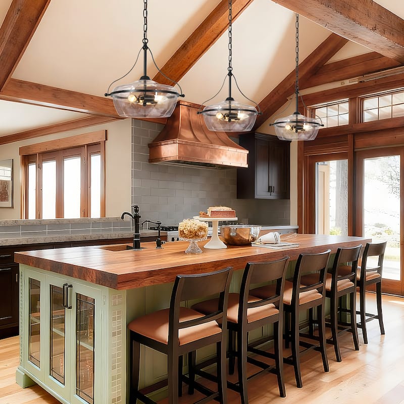 Mid-Century Modern 3-Light Glass Chandelier Black Gold Pendant Lights for Dining Room