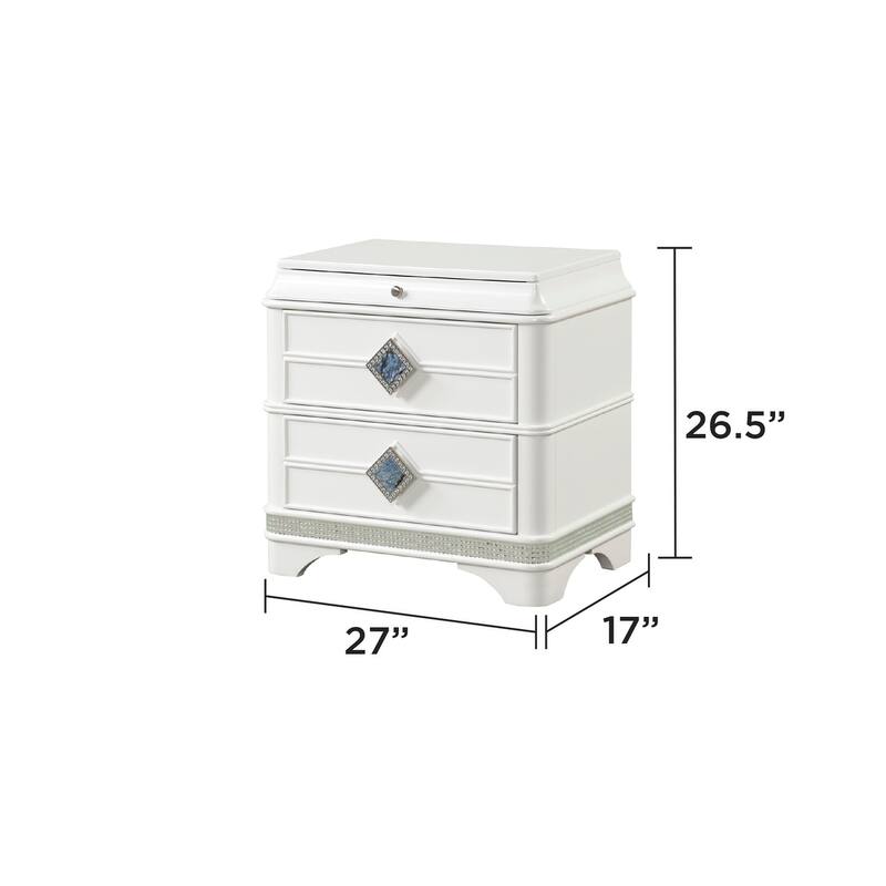 Laguna Modern Style 2-Drawer Night stand Made with Wood, Hidden Jewlry Drawer and Crystal Accents
