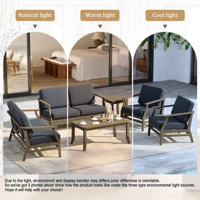 6-Seat Outdoor Teak Wood Patio Conversation Set with Cushions Tables