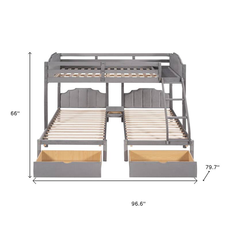 HomeRoots Gray Full Over Two Twins Solid Wood Bunk Bed With Drawers And Storage