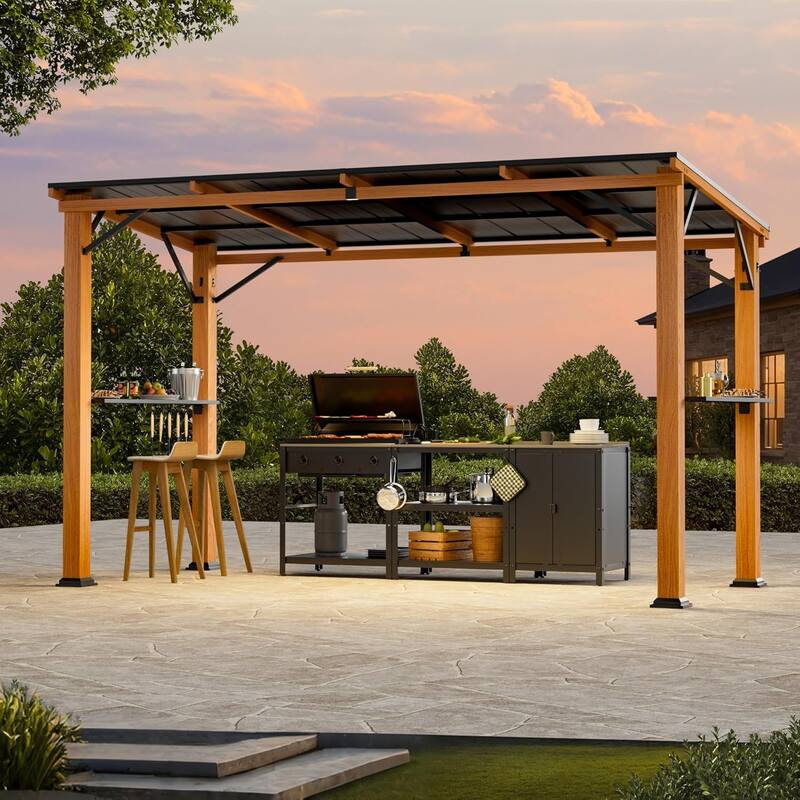 Hardtop Grill Gazebo 6'x12'with Side Shelf, Outdoor Gazebo with Bottle Opener, Wood-Looking