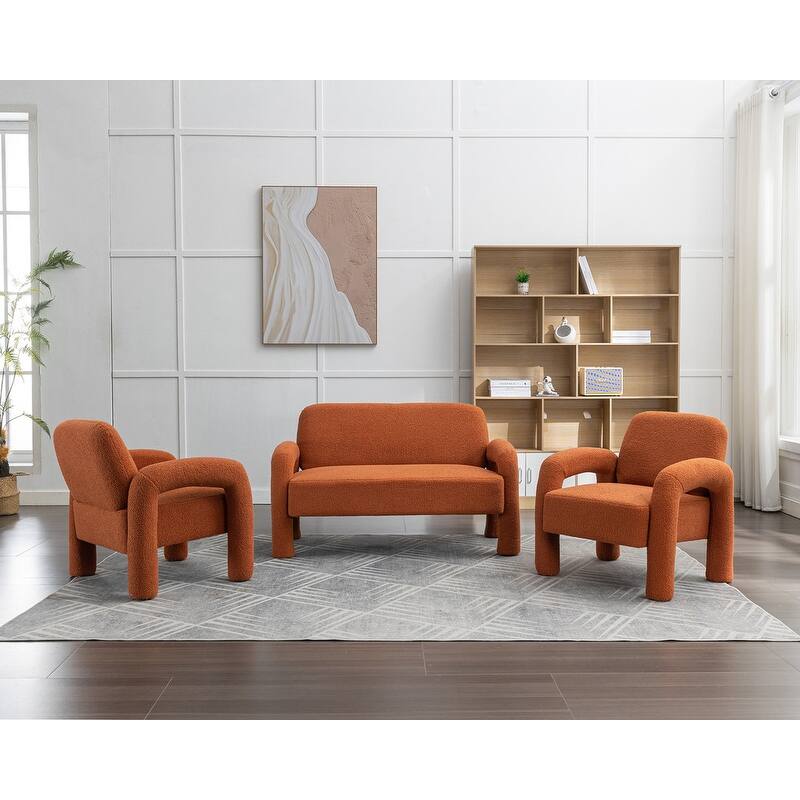 SEYNAR Mid-Century Modern Boucle 51'' Solid Wood Curved Sofa Set of 3 with Accent chair