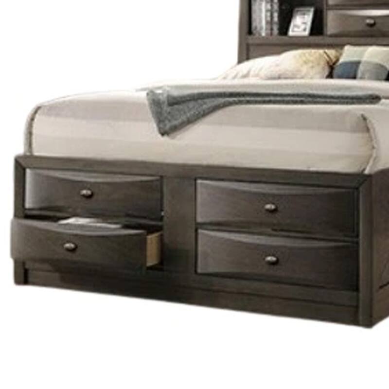 Simo Queen Bed, Bookcase Headboard, Storage Drawers, Gray