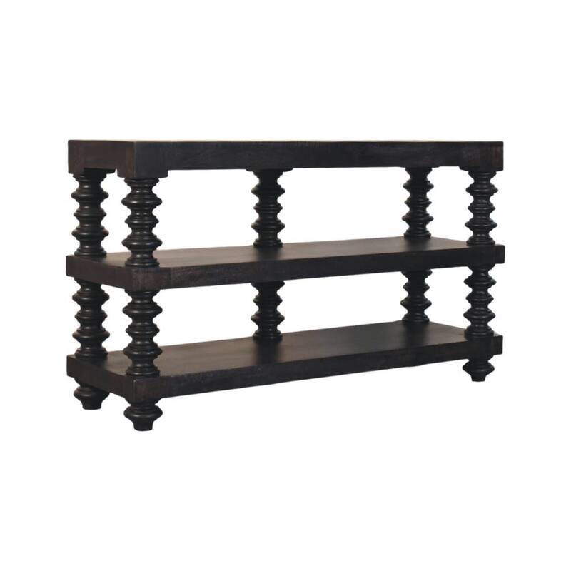 Artisan Furniture Solid Wood Spindle Shelf Console in Carbon Ash, Black with storage