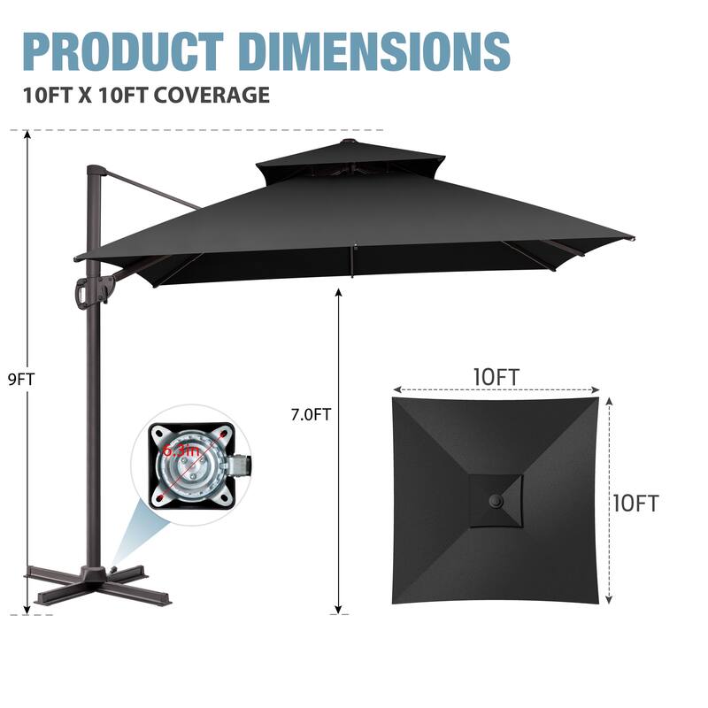 VredHom Double Top 10x10 FT Square Patio Cantilever Umbrella with Cross Stand