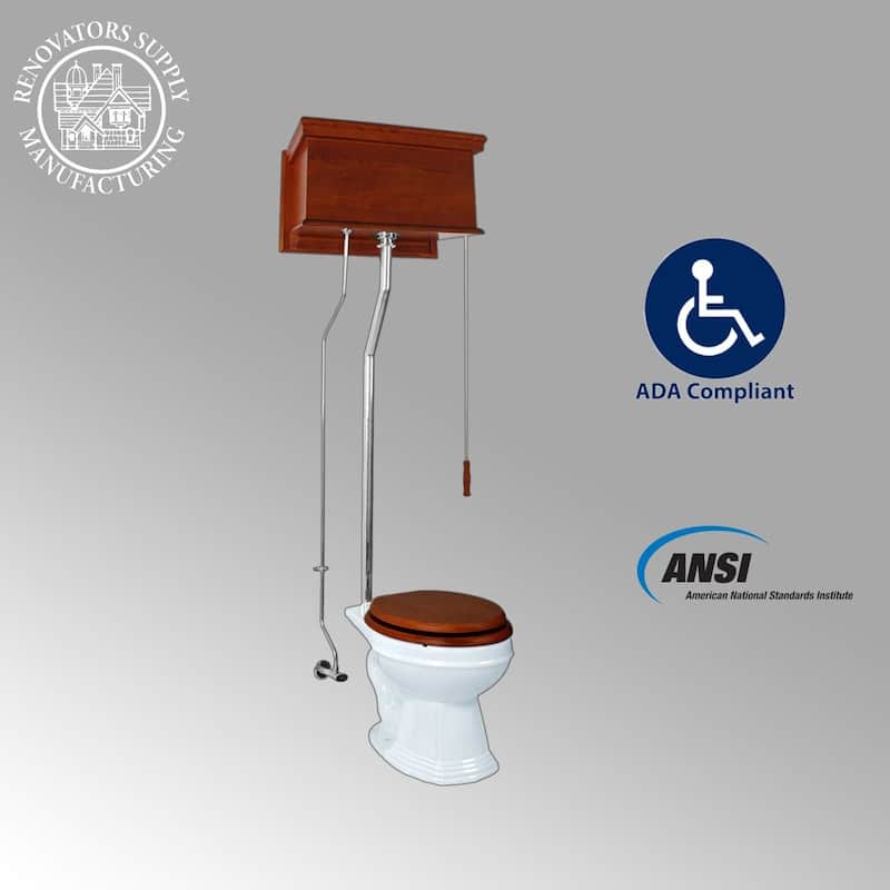 High Tank Toilet - Light Mahogany Flat Tank, Chrome L Pipe and Elongated White Bowl Renovators Supply