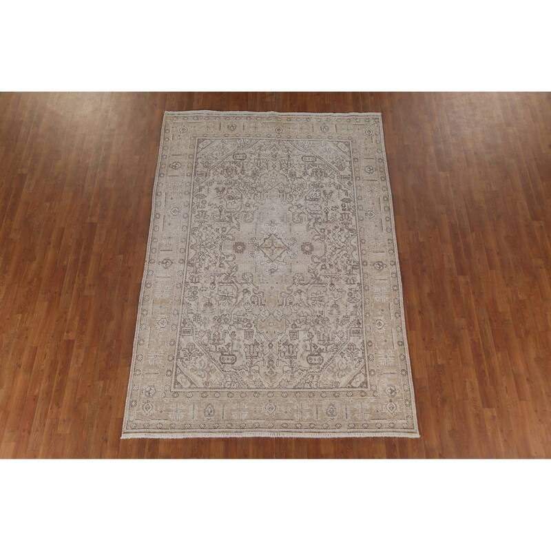 Distressed Geometric Tabriz Persian Antique Rug Handmade Wool Carpet - 6'4"x 9'5"