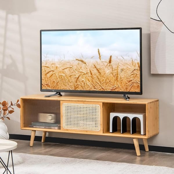 slide 2 of 7, Bamboo 55" TV Media Console w/PE Rattan & Tempered Glass Sliding Doors