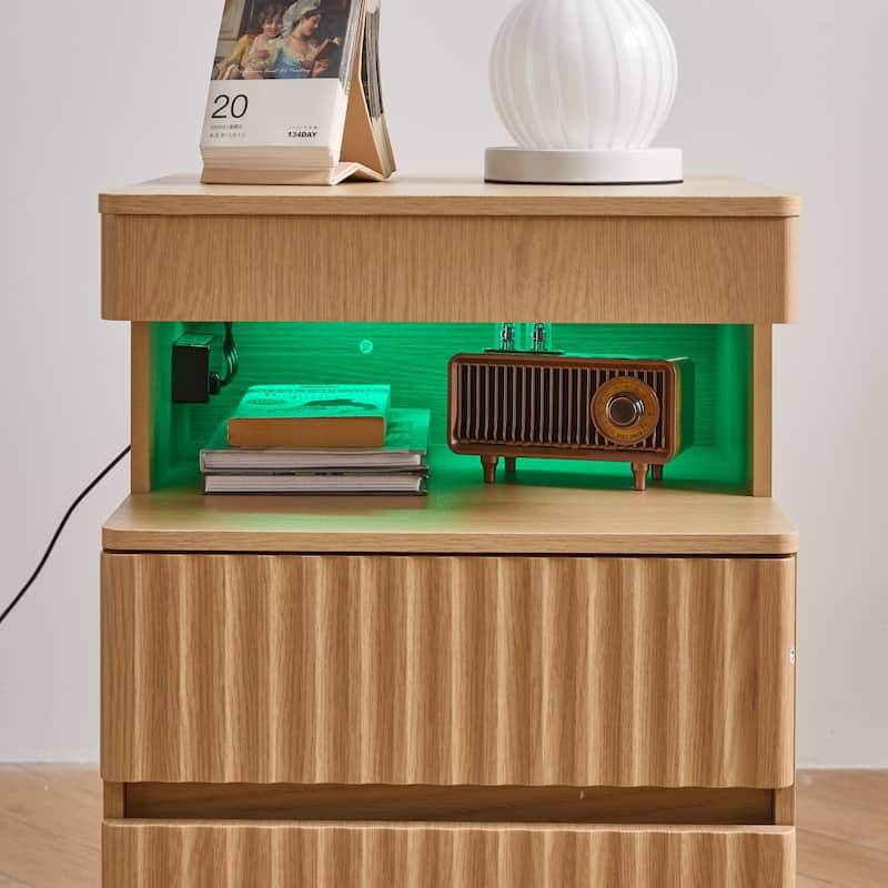 Modern Bedside Table with Gun Drawer,Bedside Table with Charging Station, 2 Drawers and Open Shelf,Side Table for Bedroom