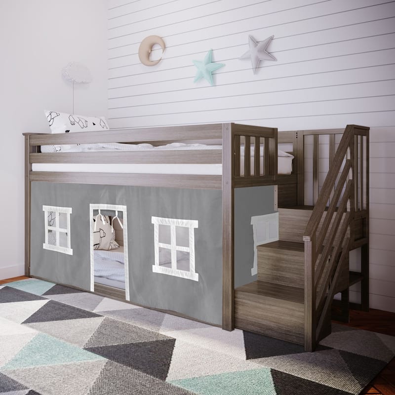 Max and Lily Twin Low Loft with Stairs and Curtains - Clay with Grey/White Curtain