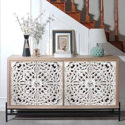 4 Door Vintage Carved Wood Cabinet with Metal Base Storage Sideboard Living Room Bathroom