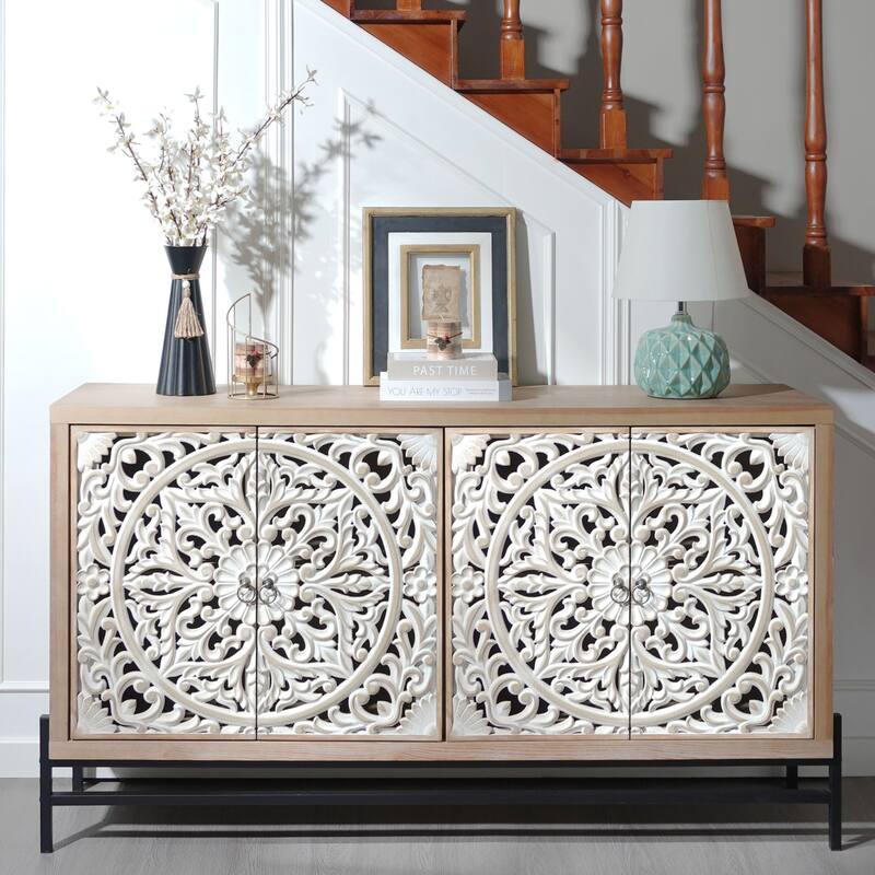 Rustic Carved Sideboard Buffet, Wood 4-Door Accent Cabinet, Storage Cabinet with Floral Hand-Carved Doors