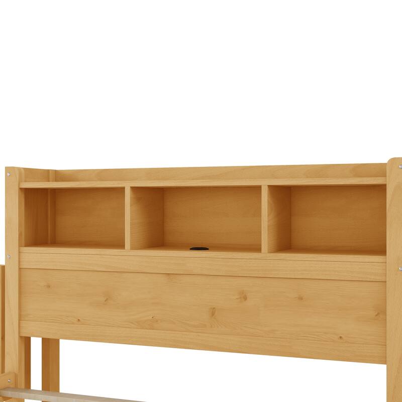 Full Size Bed with Drawers, Wood Full Bed with Storage Headboard and Pull Out Storage Cabinet, Wood Bed with Light and Socket