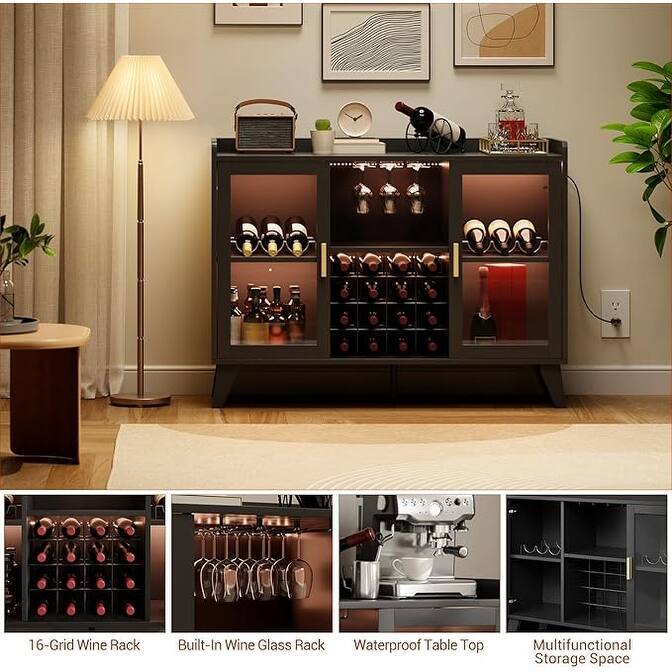 47" Industrial Wine Buffet with LED Lighting - BLACK