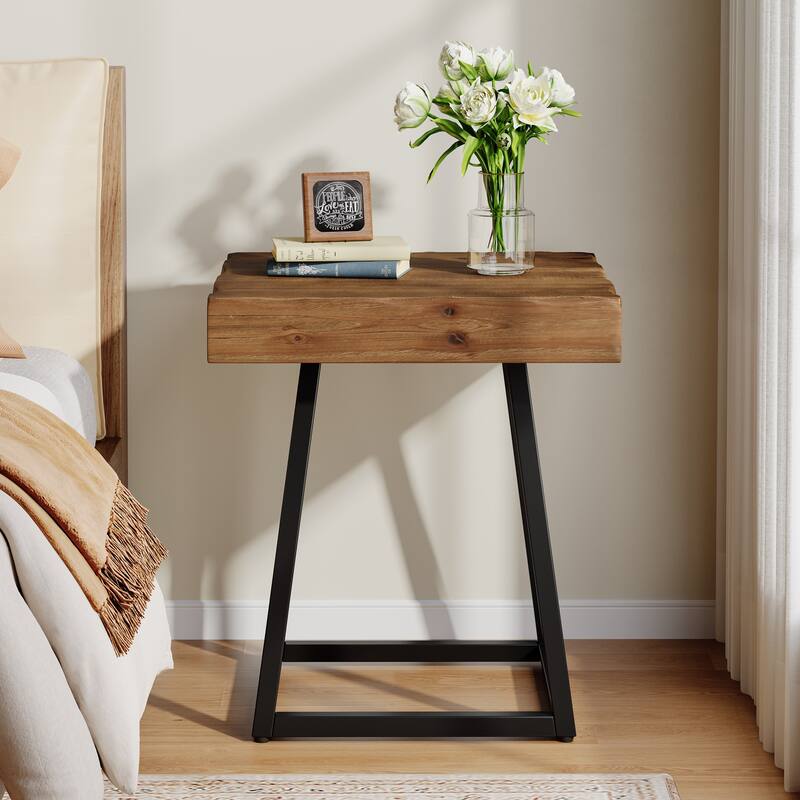 Solid Wood Industrial Nightstand with Metal Frame - Brown-2 Packs