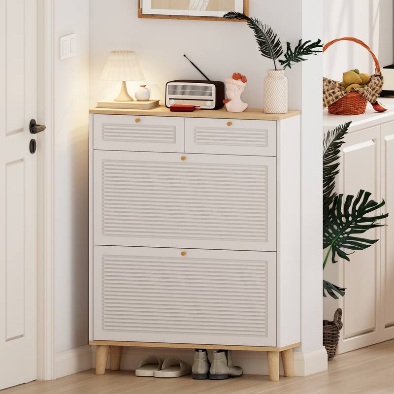 16-Pair Entryway Shoe Cabinet, 2 Flip Doors and Drawers in White
