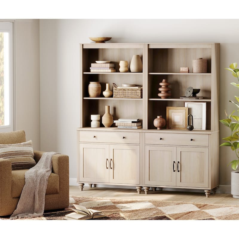 Light Beige Bookcase with Doors, Large Wood Farmhouse Book Case Shelf - 2 drawers and 4 doors