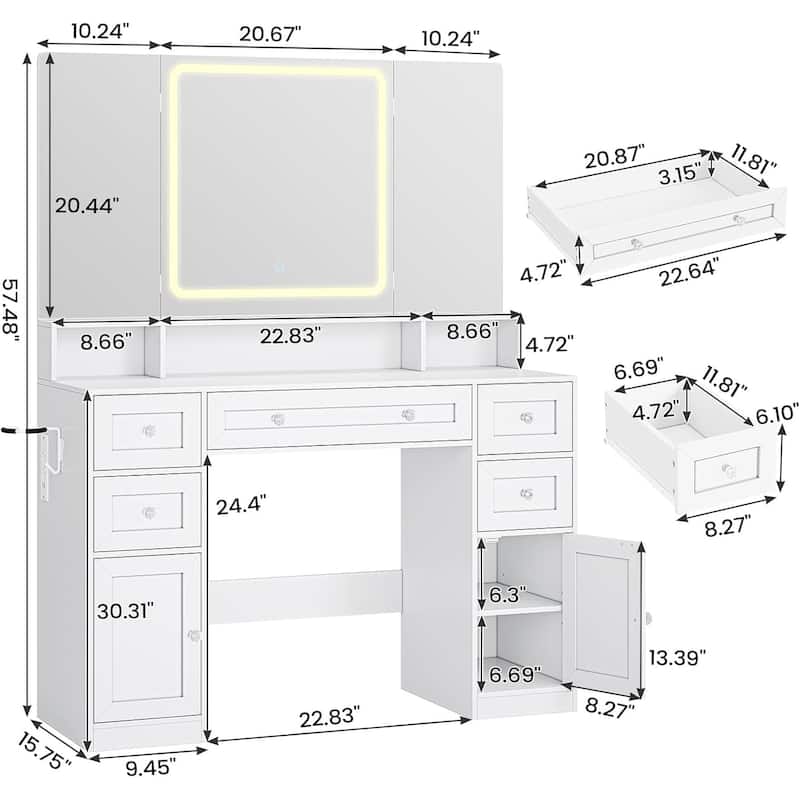 Makeup Vanity Trifold Mirror Charging Station 5 Drawers LED Light Hidden Jewelry Hook
