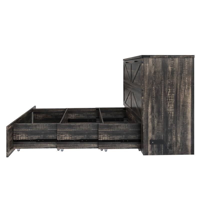 Queen Murphy Bed with Charging Station,Farmhouse Murphy Cabinet Bed with Large Storage Drawer,Hideaway Foldable Platform Bed