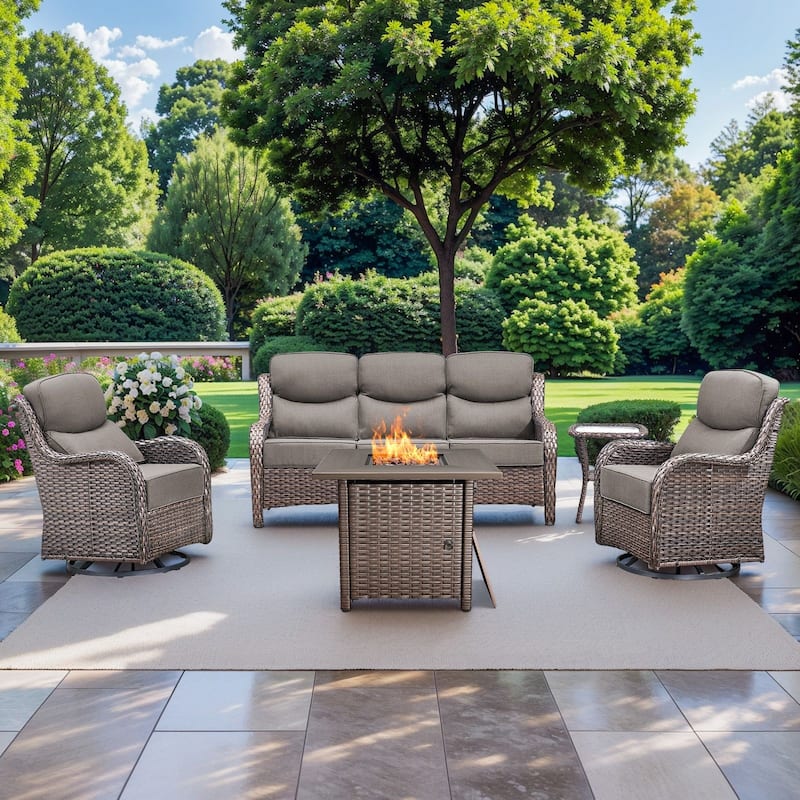 Pocassy Outdoor 6" Sofa Swivel Chair with Fire Pit Table - 5 Pieces Sofa Chair Table with Fire Table - Brown Wicker Gray Cushion