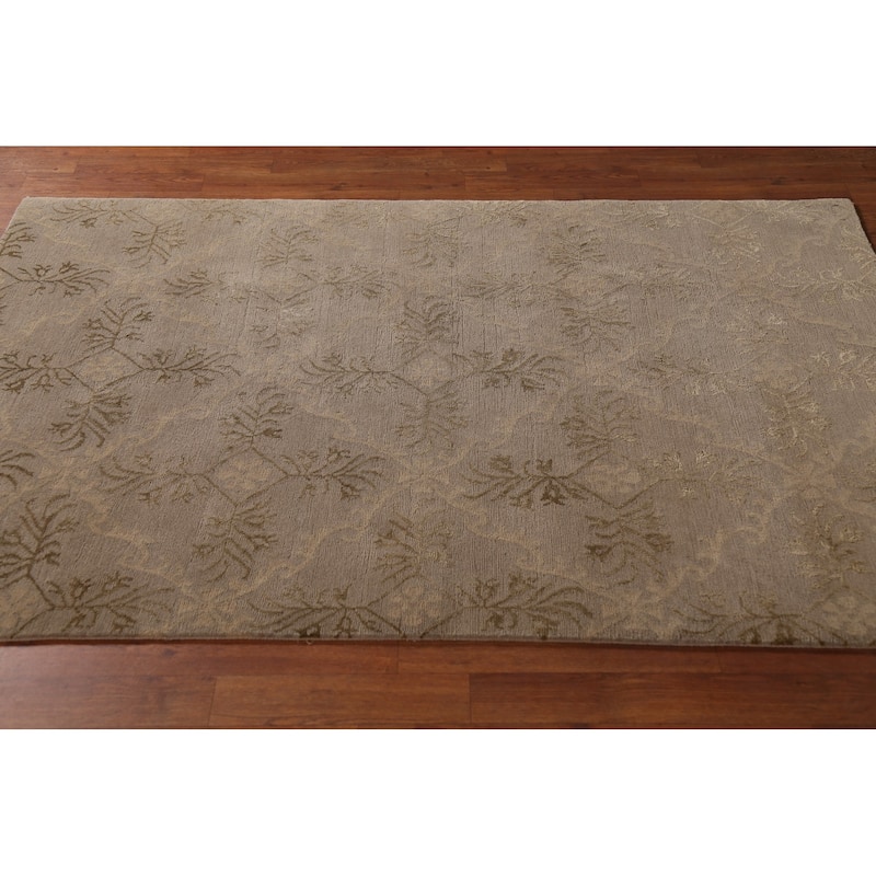 All-Over Beige Nepalese Contemporary Area Rug Handmade Wool Carpet - 4'1"x 5'11"