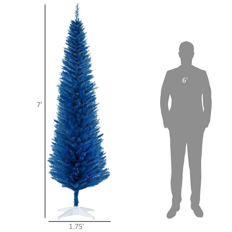 HOMCOM 7' Artificial Pencil Christmas Tree, Slim Xmas Tree with 499 Realistic Branch Tips and Plastic Stand, Blue - 6.89 ft