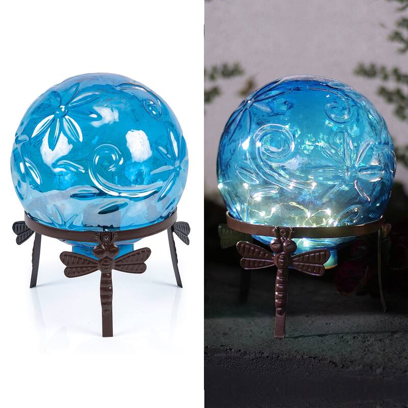 Alpine Corporation 13" Tall Indoor/Outdoor Pearlized Blue Glass LED Gazing Globe with Stand