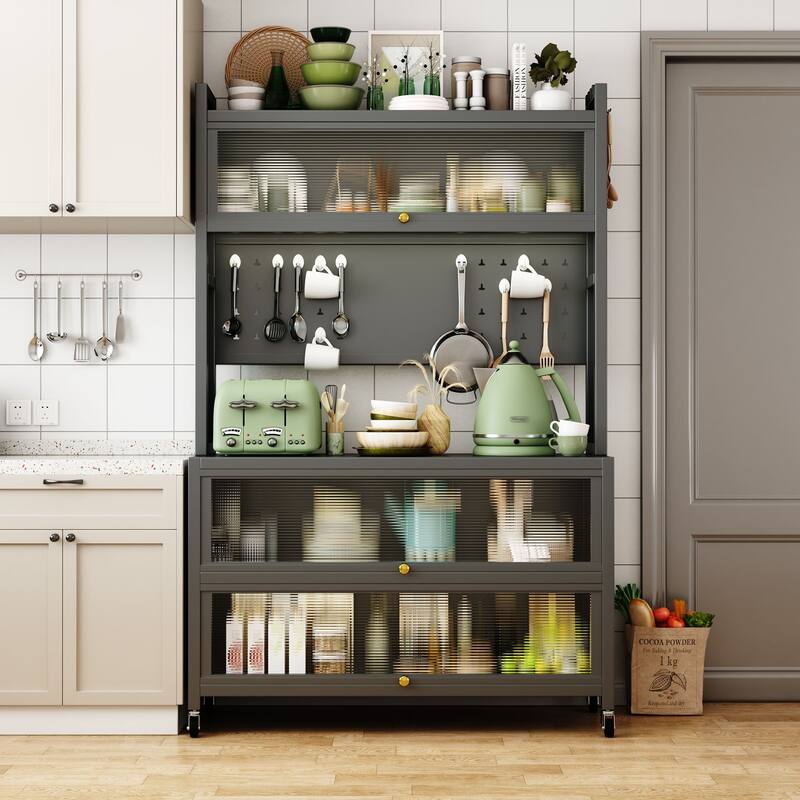 Bakers Rack Storage Organizer with Double Open Doors, 250KG Capacity & Alloy Wheels - 64" Tall
