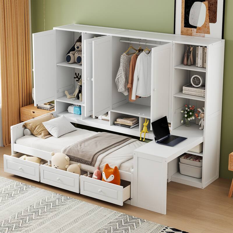 Modern Twin Daybed with All-in-One Cabinet, Desk Wooden Daybed Sofa Bed Frame with 3 Drawers, Multi-Functional Headboard - White