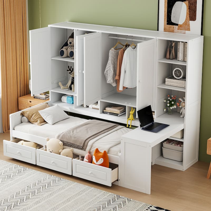 Twin Size Wooden Daybed with Three Drawers & All-in-One Cabinet, Desk w/ Shelves, White - White