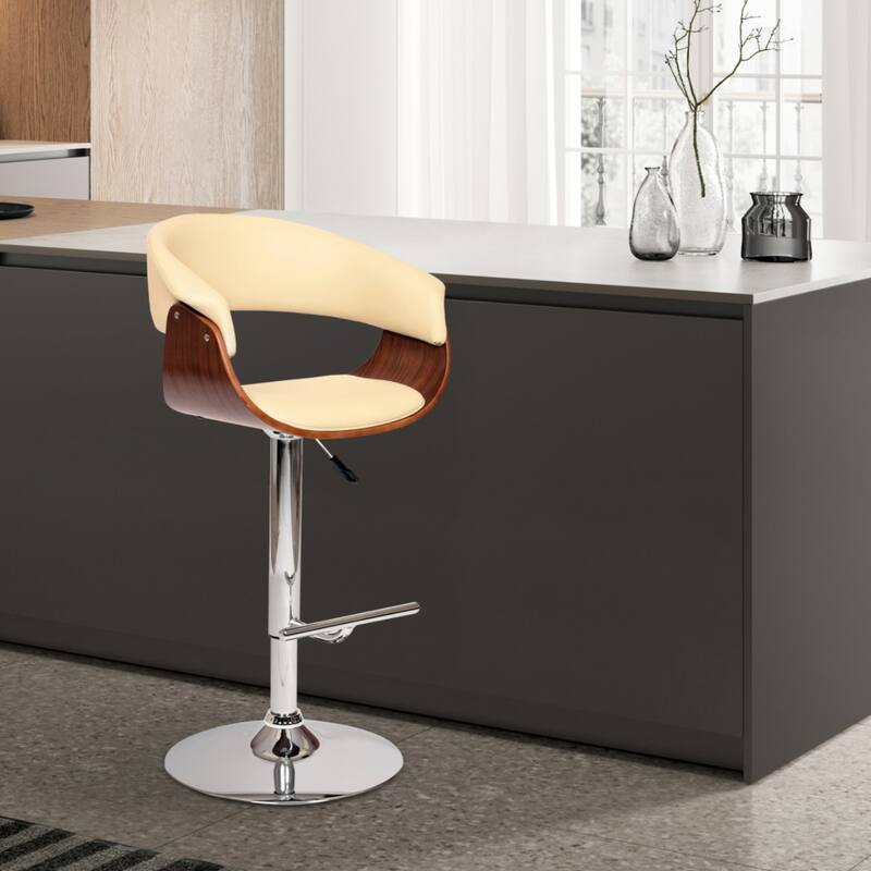 24-Inch Swivel Bar Chair with Faux Leather Upholstery and Wood-Chrome Frame and Adjustable Pedestal Base - 44" H x 24" W x 19" D