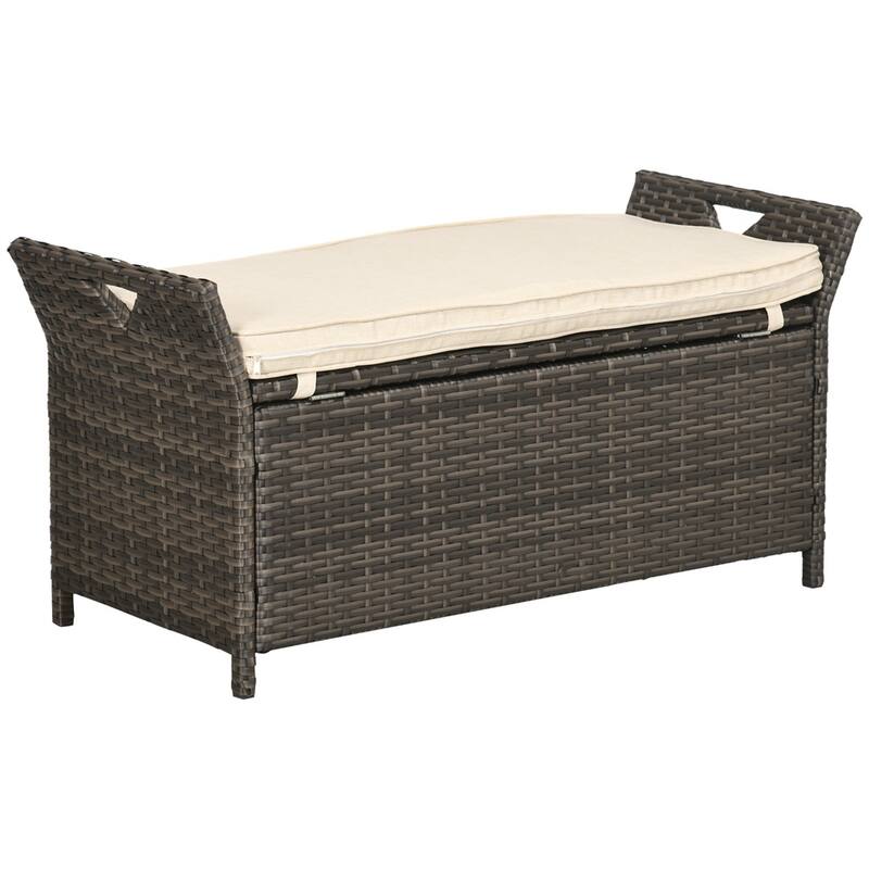 Brown Rattan Outdoor Storage Bench with Cushion and Steel Frame for Poolside or Garden Seating - 43.25" W x 17.75" D x 20.25" H - Cream White-Brown