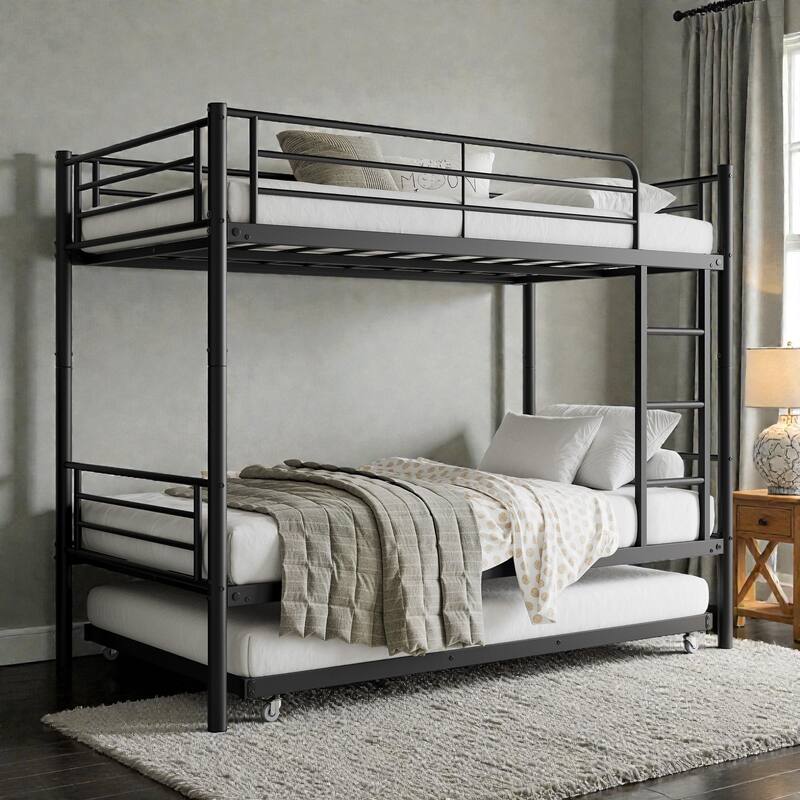 Twin Over Twin Metal Bunk Bed with Trundle, Heavy Duty Frame, Full-Length Guardrail, Ladder, No Box Spring Needed - Black - Twin