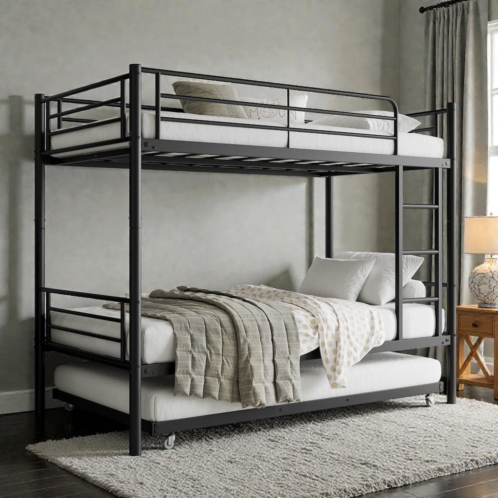 Twin Over Twin Metal Bunk Bed with Trundle, Heavy Duty Frame, Full-Length Guardrail, Ladder, No Box Spring Needed