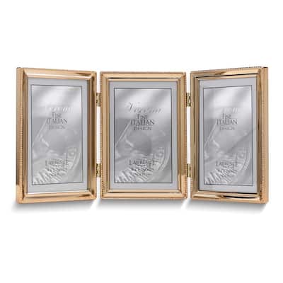 Curata Gold-Tone Portrait Hinged Polished Beaded 4x6 Triple Photo Frame