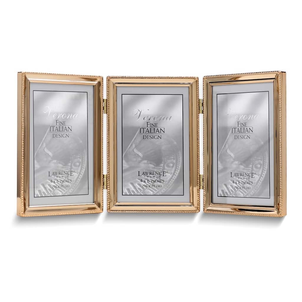 Curata Gold-Tone Portrait Hinged Polished Beaded 4x6 Triple Photo Frame