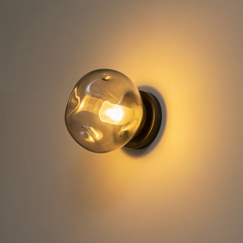 7.1" W Mid-Century Modern Matte Black Wall Sconce with Hand-Blown Smoked Gray/Pink Glass Shade for Bathroom, Staircase