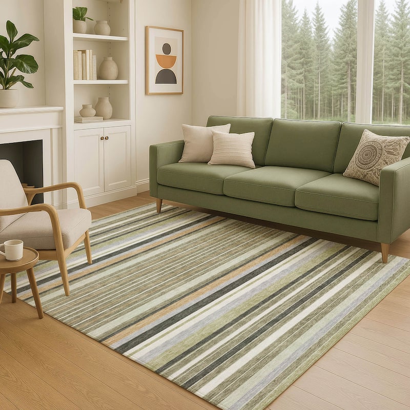 Machine Washable Indoor/ Outdoor Modern Stripes Chantille Rug