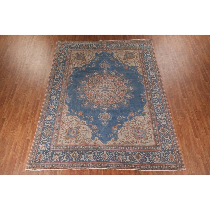 Tabriz Vintage Persian Area Rug Handmade Oriental Blue Wool Carpet - 9'8" x 12'5"