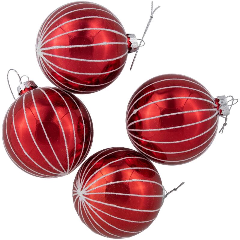 4Ct Shiny Red White Striped Glass Ball Christmas Ornaments 3" (80Mm)