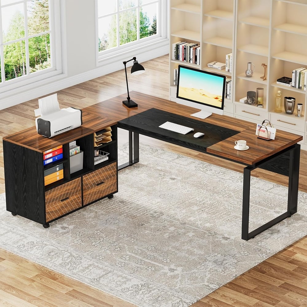 63" L-Shaped Executive Desk Reversible File Cabinet Combo, Office Computer Desk Set with Storage Drawers