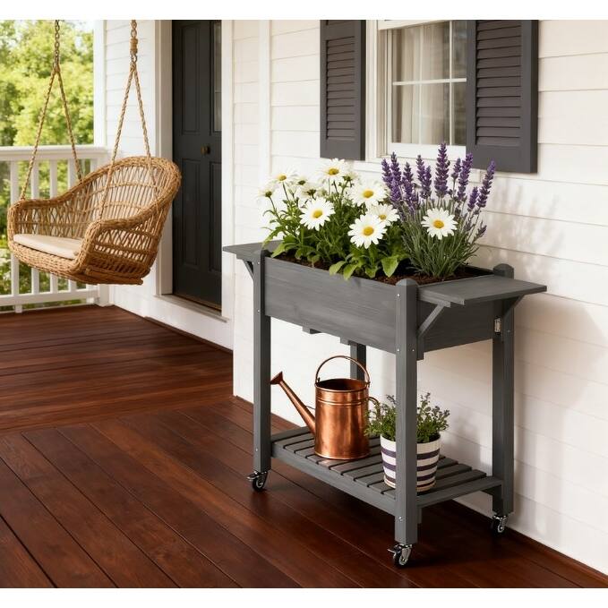 Rossetta Varnished Fir Wood Convenient Storage Raised Elevated Garden Bed with Bottom Shelf, Drain Holes - Grey