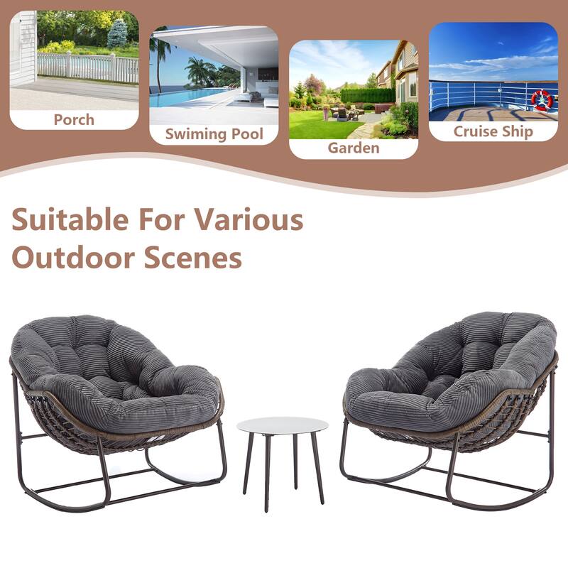 Outdoor Rattan Rocker Recliner Chair With Polyester Padded Cushion （set of 2）
